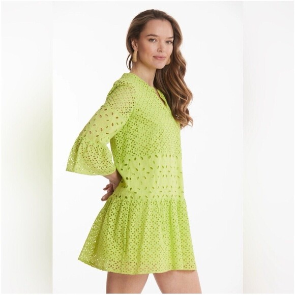 Tyler Böe Isla Eyelet Tunic Dress Women's Large Wild Lime Chartreuse Green Cotto - Picture 1 of 10